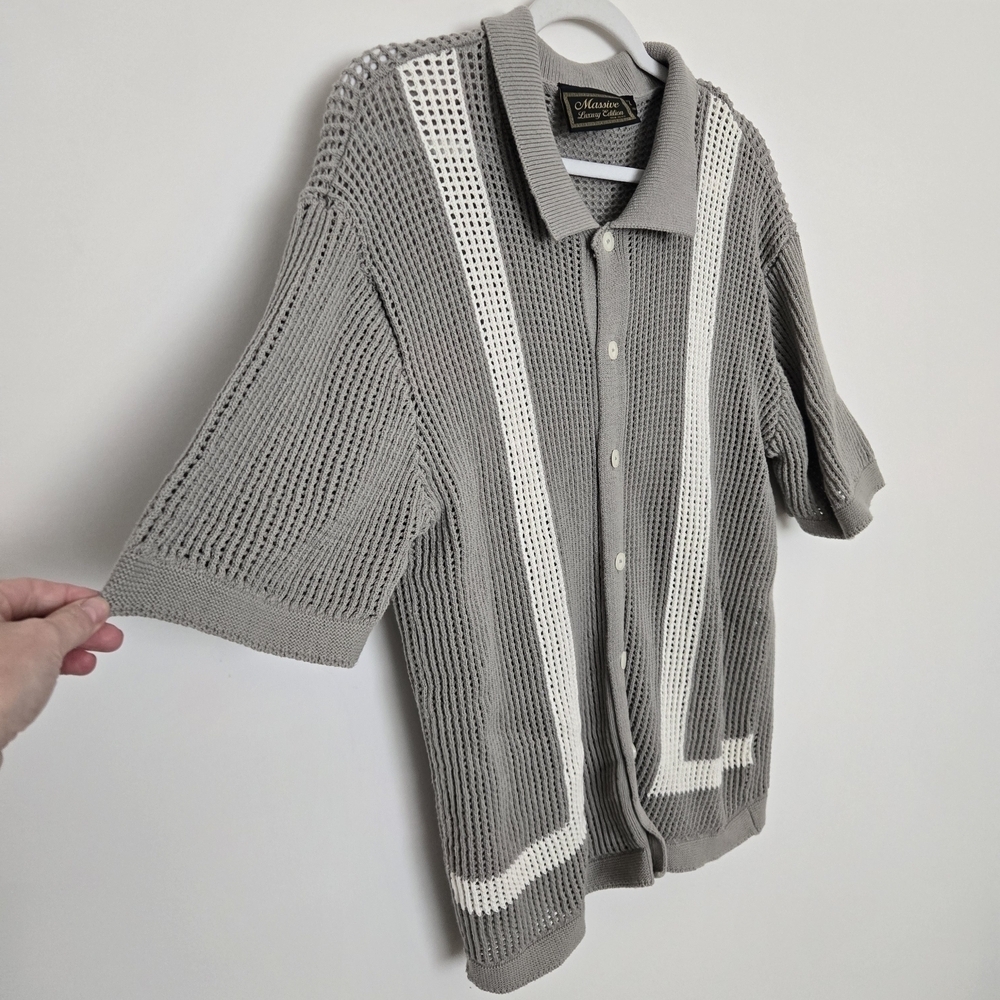 Massive Luxury Edition Sage Green Knit Collard Short Sleeve Cardigan Shirt XL - Picture 2 of 5